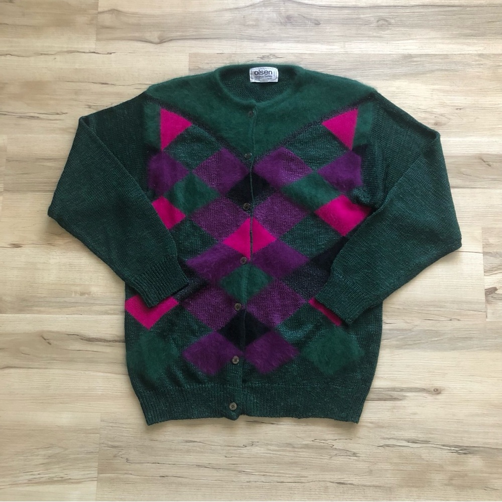 Vintage Olsen European Fashion Argyle Diamond Pattern Cardigan w Buttons Angora